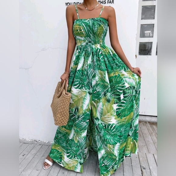 Dresses & Skirts - New Tropical Floral Print Maxi Stretch Cami Tube Top Dress Green Lime White